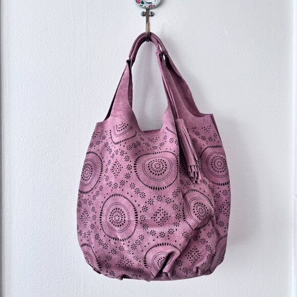 Sundance Delight Laser-Cut Suede Boho Tote Bag in Dusty Pink - Picture 2 of 10